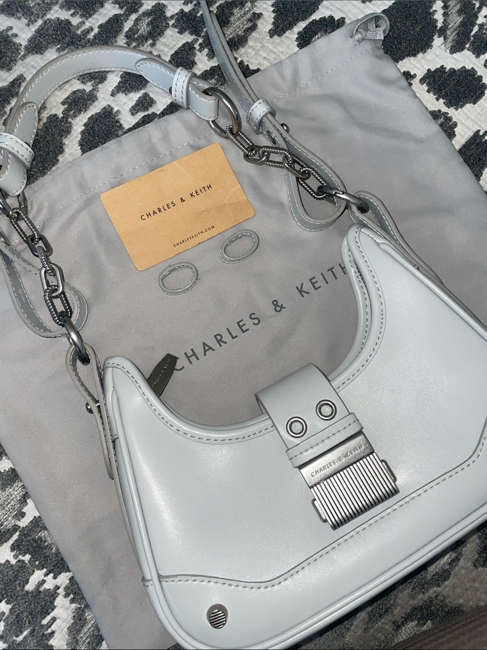 Charles & Keith Pale Gray Curved Leather Shoulder Bag | Winslet